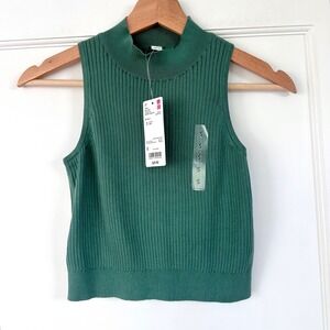 Uniqlo Womens Mock Neck Sleeveless Cropped Sweater Green Ribbed Knit S 457963